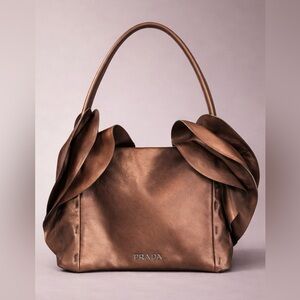 Vintage Prada Metallic-Tan Nappa Leather Shoulder Bag with Ruffle Accents
